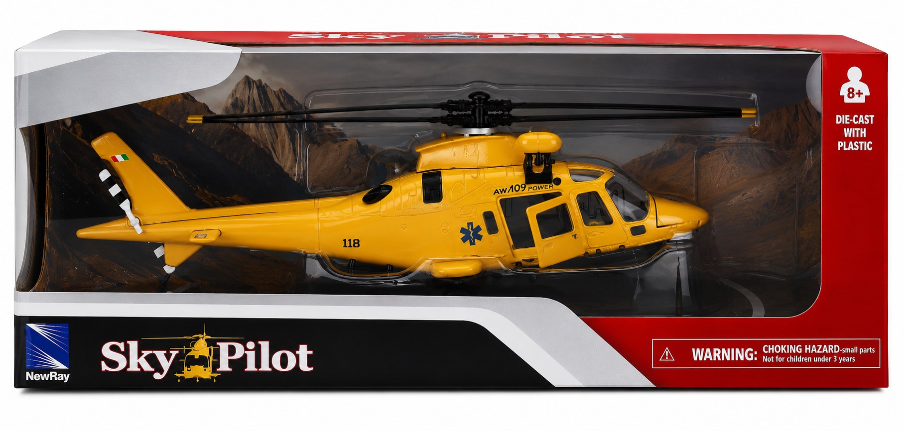 NewRay Sky Pilot – AgustaWestland AW109 Power Elisoccorso 118 – Modellino Elicottero Die-Cast con Base